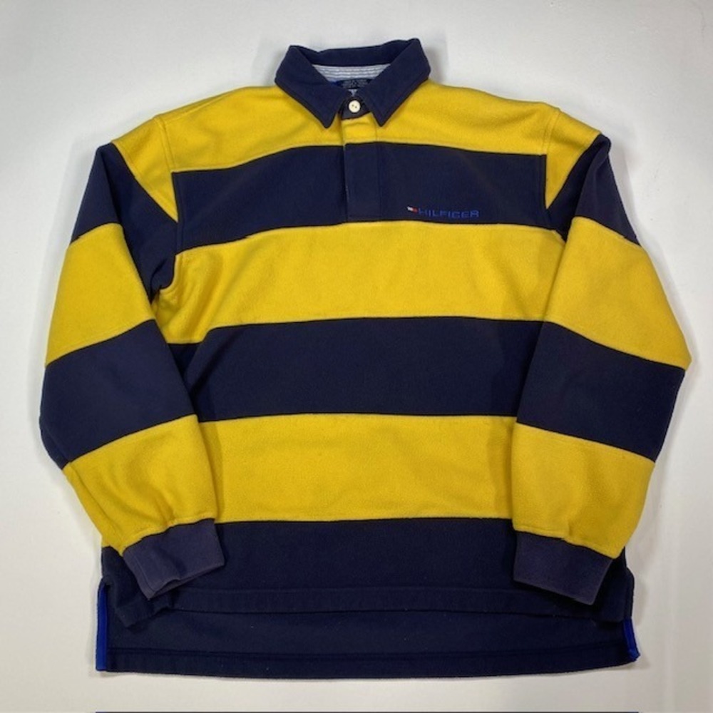 Tommy Hilfiger Fleece Rugby Shirt Yellow Navy Blue Stripe Long Sleeve Collar M
